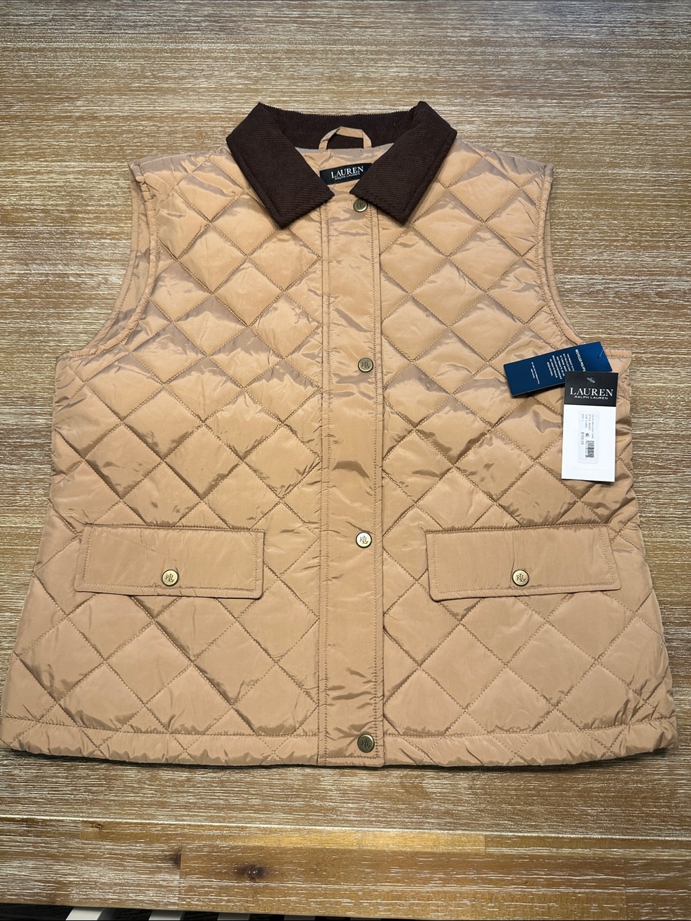 NWT LAUREN Ralph Lauren Camel Tan Silky Quilted Lightweight Puffer Vest L